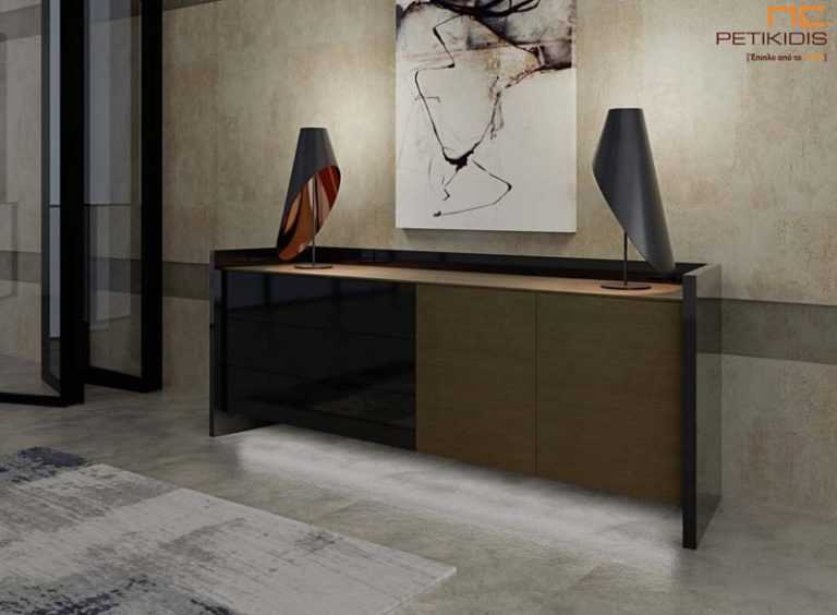 Μπουφές Hugo από ξύλο δρυς και λάκα. Διαθέτει φωτισμό κάτω από τα ντουλάπια.