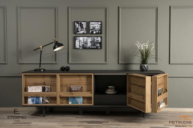 Μπουφές Libre από ξύλο ρουστίκ δρυς και λάκα με συρόμενες πόρτες. Λεπτομέρεια ανοίγματος.