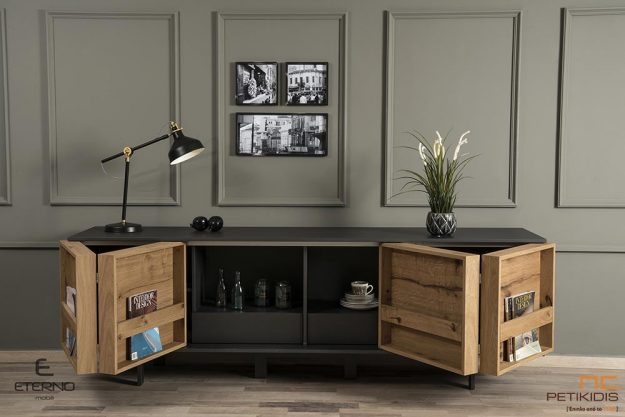 Μπουφές Libre από ξύλο ρουστίκ δρυς και λάκα με συρόμενες πόρτες. Λεπτομέρεια ανοίγματος.