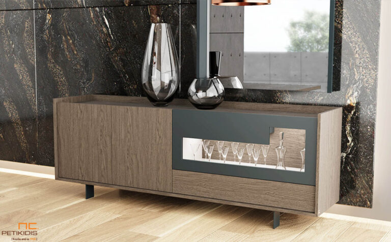 a cabinet with wine glasses and a mirror