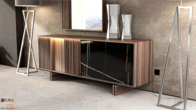 Μοντέρνο style κατασκευασμένος από ξύλο ευκαλύπτου σε ίσιες γραμμές και μαύρο κεραμικό υλικό, με μεγάλο αποθηκευτικό χώρο και κρυφό φωτισμό. Υπάρχει η δυνατότητα επιλογής σε διαστάσεις, ξύλο και χρώματα κεραμικού υλικού.