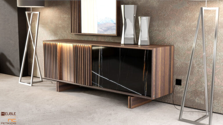 Μοντέρνο style κατασκευασμένος από ξύλο ευκαλύπτου σε ίσιες γραμμές και μαύρο κεραμικό υλικό, με μεγάλο αποθηκευτικό χώρο και κρυφό φωτισμό. Υπάρχει η δυνατότητα επιλογής σε διαστάσεις, ξύλο και χρώματα κεραμικού υλικού.