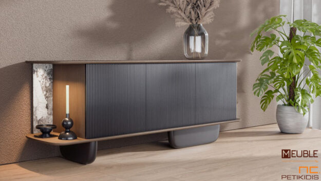 Μπουφές Sienna σχεδιασμένος σε μίνιμαλ και μοντέρνα γραμμή, από ξύλο δρυς και λάκα στα πόδια. Παράγεται σε ποικιλία χρωμάτων και υλικών. Πλάτη με λεπτομέρεια κεραμικού υλικού και κρυφού φωτισμού. Λεπτομέρεια.