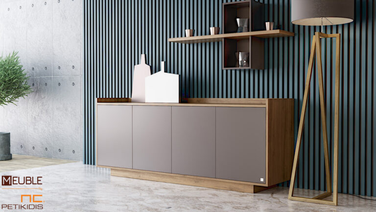 Μπουφές Taf σε μοντέρνο και μίνιμαλ σχεδιασμό, κατασκευασμένος από δρυς ρουστίκ και λάκα στα ντουλάπια σε ένα στιβαρό σύνολο με ίσιες γραμμές και μεγάλο αποθηκευτικό χώρο.