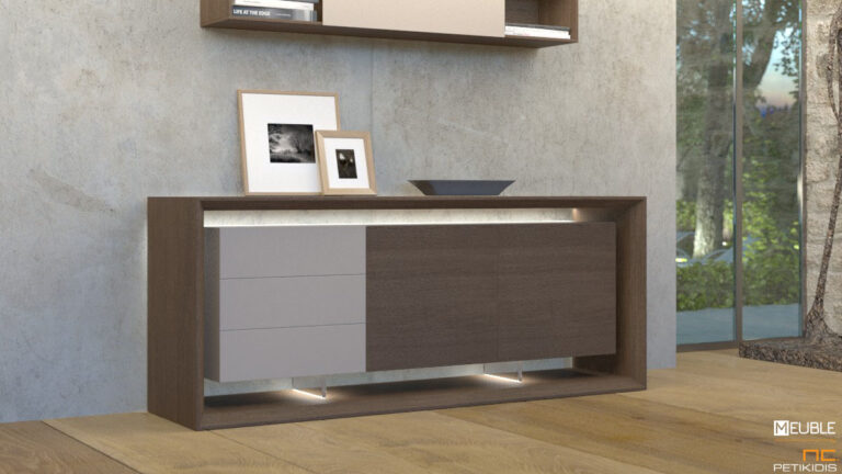 Μπουφές Vista σε μοντέρνο λιτό σχεδιασμό και μεγάλο αποθηκευτικό χώρο. Συνδυάζει ξύλο δρυς και λάκα καθώς και διακριτικό κρυφό φωτισμό. Κατασκευάζεται σε διαστάσεις, ξύλο και χρώματα επιλογής του πελάτη.