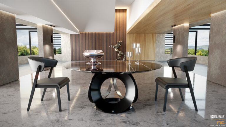 Το τραπέζι ροτόντα Chic με εντυπωσιακό και μοντέρνο σχεδιασμό, συνδυάζει αρμονικά διαφορετικά υλικά όπως το κεραμικό καπάκι, τη λάκα και το μέταλλο στη βάση. Υπάρχει η δυνατότητα αλλαγής στα υλικά και στα χρώματα, σύμφωνα με το γούστο και τον χώρο σας.