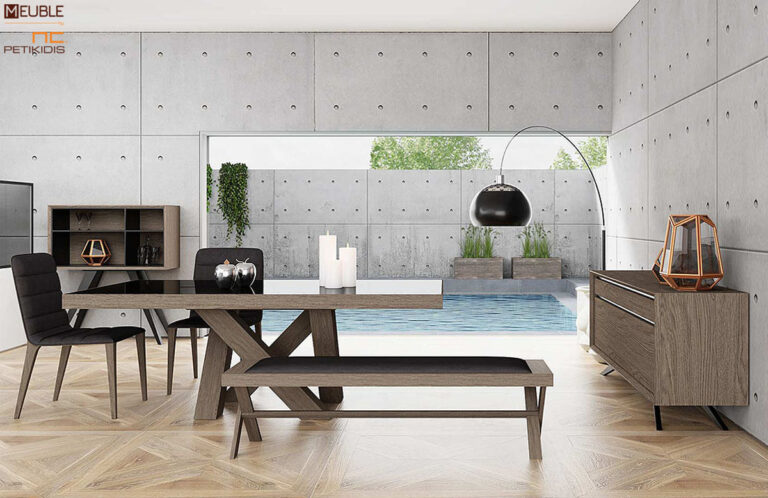 Τραπέζι Pass με ιδιαίτερο και μοντέρνο σχεδιασμό σε ξύλο δρυς και κρύσταλλο στο καπάκι. Διαθέτει επιπλέον 2 προεκτάσεις, 45cm έκαστη, και ποικιλία χρωματικών επιλογών.