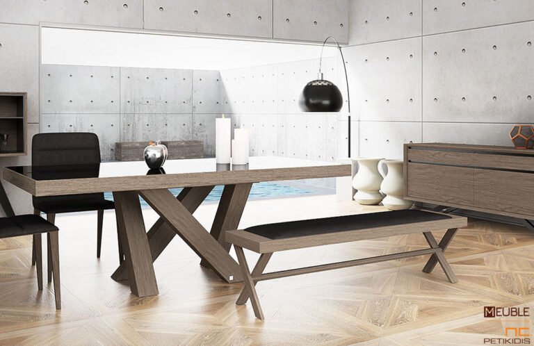 Τραπέζι Pass με ιδιαίτερο και μοντέρνο σχεδιασμό σε ξύλο δρυς και κρύσταλλο στο καπάκι. Διαθέτει επιπλέον 2 προεκτάσεις, 45cm έκαστη, και ποικιλία χρωματικών επιλογών. Λεπτομέρεια.