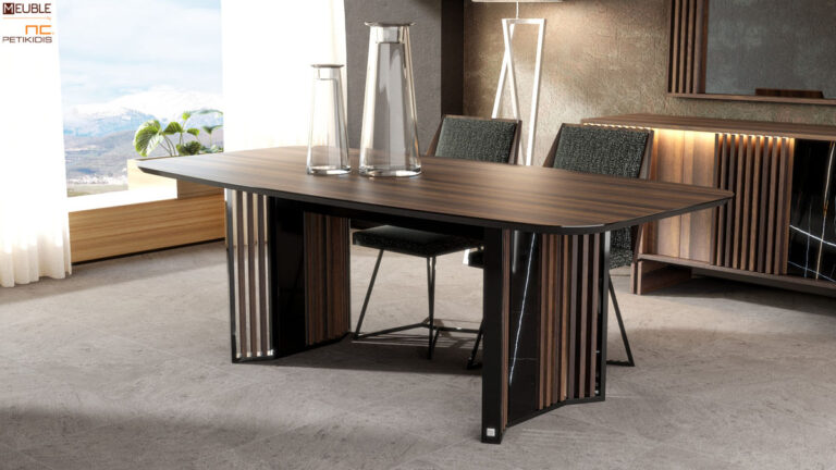 Τραπέζι Sempre με ιδιαίτερο και μοντέρνο σχεδιασμό, συνδυάζει αρμονικά διαφορετικά υλικά όπως το ξύλο ευκαλύπτου, τη λάκα και το κεραμικό στοιχείο. Υπάρχει η δυνατότητα αλλαγής στα υλικά σύμφωνα με τον χώρο σας. Λεπτομέρεια.