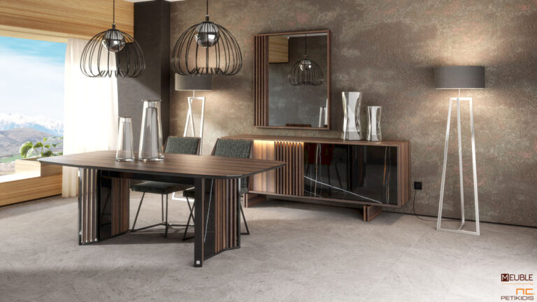 Τραπέζι Sempre με ιδιαίτερο και μοντέρνο σχεδιασμό, συνδυάζει αρμονικά διαφορετικά υλικά όπως το ξύλο ευκαλύπτου, τη λάκα και το κεραμικό στοιχείο. Υπάρχει η δυνατότητα αλλαγής στα υλικά σύμφωνα με τον χώρο σας.