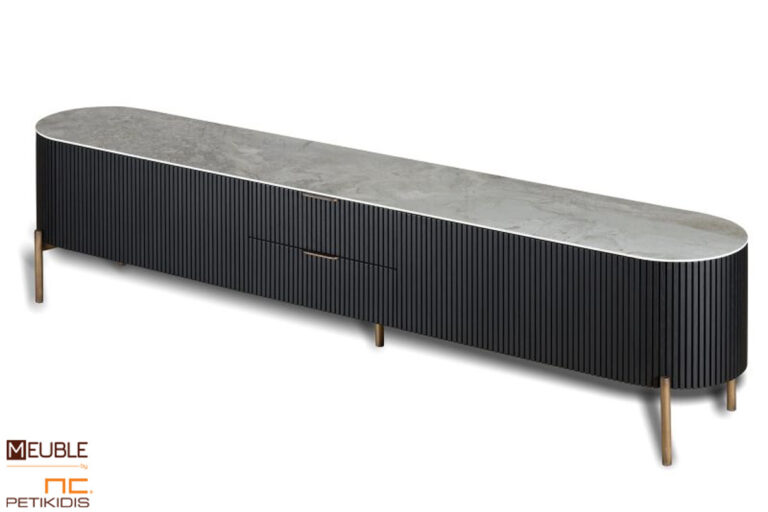 Έπιπλο tv της σειράς Noir από ξύλο δρυς, μεταλλική βάση και κεραμικό καπάκι. Υπάρχει ευελιξία στις επιλογές των χρωμάτων και των υλικών, με οδηγό την αρχιτεκτονική του κάθε χώρου.