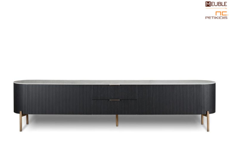 Έπιπλο tv της σειράς Noir από ξύλο δρυς, μεταλλική βάση και κεραμικό καπάκι. Υπάρχει ευελιξία στις επιλογές των χρωμάτων και των υλικών, με οδηγό την αρχιτεκτονική του κάθε χώρου. Λεπτομέρεια.