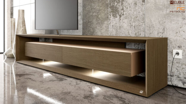 Κλασική Τραπεζαρία Έπιπλο tv Vista σε μοντέρνα και μίνιμαλ γραμμή από ξύλο δρυς και λάκα. Διαθέτει προαιρετικό κρυφό φωτισμό.