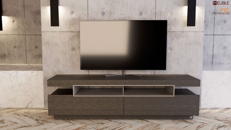 Έπιπλο tv Zoom σε μίνιμαλ σχεδιασμό κατασκευασμένο από ξύλο δρυς και λεπτομέρεια λάκας.