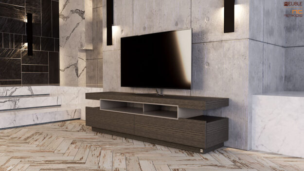 Κλασική Τραπεζαρία Έπιπλο tv Zoom σε μίνιμαλ σχεδιασμό κατασκευασμένο από ξύλο δρυς και λεπτομέρεια λάκας.