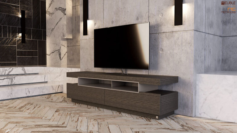 Έπιπλο tv Zoom σε μίνιμαλ σχεδιασμό κατασκευασμένο από ξύλο δρυς και λεπτομέρεια λάκας.