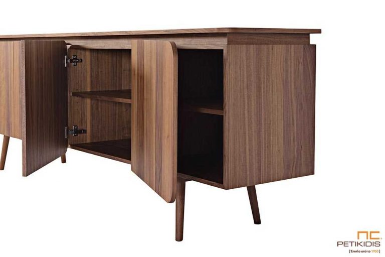 Μπουφές Vendome από ξύλο καρυδιάς με πόδια από μασίφ ξύλο καρυδιάς σε 60's σχεδιασμού. Λεπτομέρεια πόρτας ντουλαπιού.