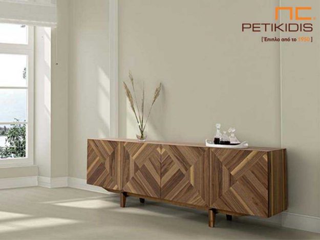 Μπουφές Gill από ξύλο καρυδιάς με ιδιαίτερο σχέδιο των νερών του ξύλου στα ντουλάπια.