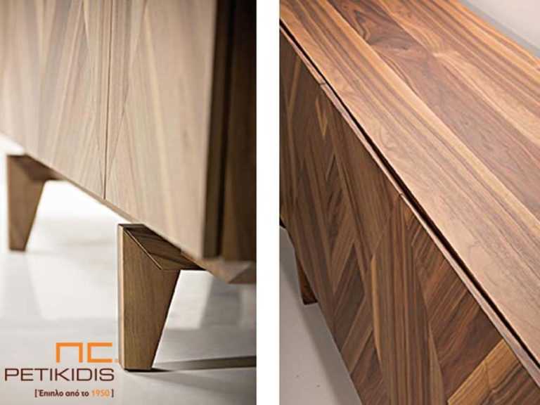 Μπουφές Gill από ξύλο καρυδιάς με ιδιαίτερο σχέδιο των νερών του ξύλου στα ντουλάπια. Λεπτομέρεια.