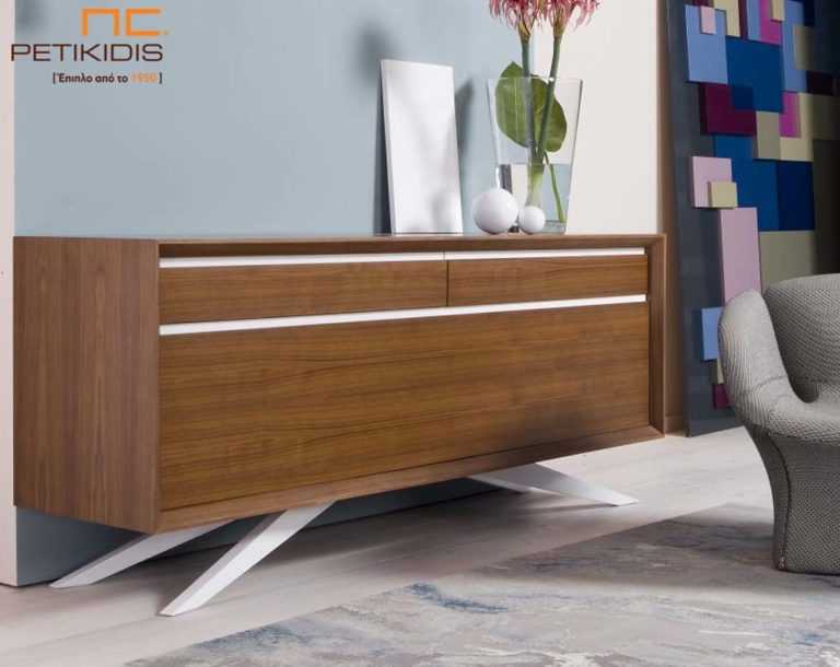 Μπουφές Max από ξύλο καρυδιάς και λεπτομέρειες λάκας λευκή στις πόρτες και τα πόδια.