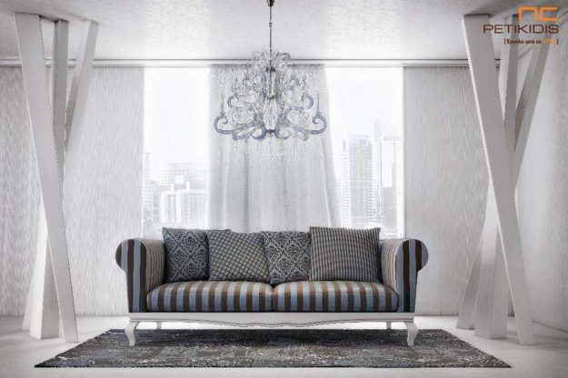 Κλασική Τραπεζαρία Σαλόνι Retro σε νεοκλασικό ύφος με πεταχτά μαξιλάρια στην πλάτη και στρογγυλά μπράτσα. Στη βάση του υπάρχει εμφανές ξύλο σε πατίνα.