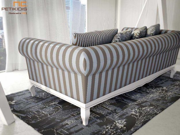 Κλασική Τραπεζαρία Σαλόνι Retro σε νεοκλασικό ύφος με πεταχτά μαξιλάρια στην πλάτη και στρογγυλά μπράτσα. Στη βάση του υπάρχει εμφανές ξύλο σε πατίνα. Λεπτομέρεια πλάτης.