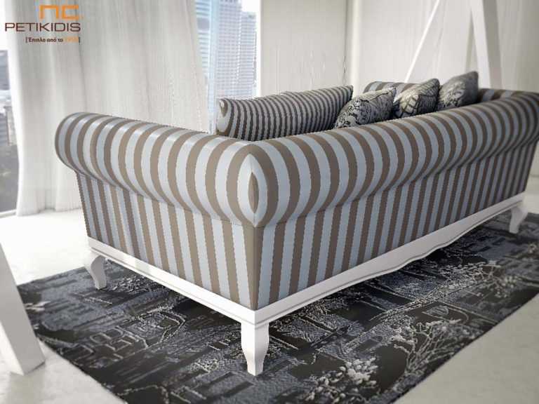 Σαλόνι Retro σε νεοκλασικό ύφος με πεταχτά μαξιλάρια στην πλάτη και στρογγυλά μπράτσα. Στη βάση του υπάρχει εμφανές ξύλο σε πατίνα. Λεπτομέρεια πλάτης.