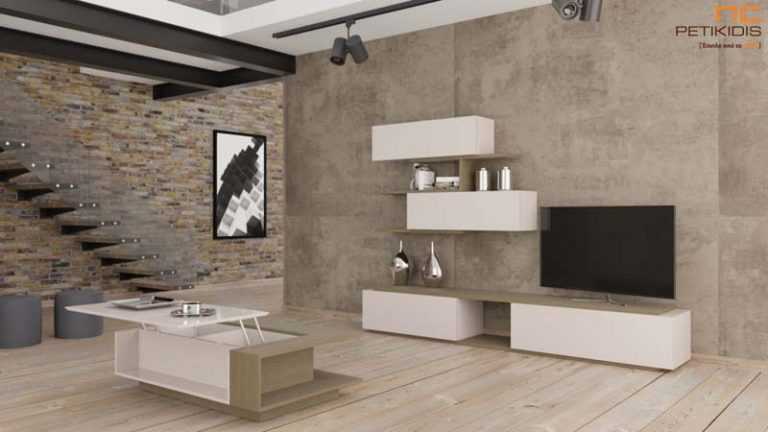 Σύνθεση Play από ξύλο δρυς και λεπτομέρειες από λάκα.Κρεμαστά ντουλάπια στον τοίχο για αποθήκευση πραγμάτων και βάση για τηλεόραση.