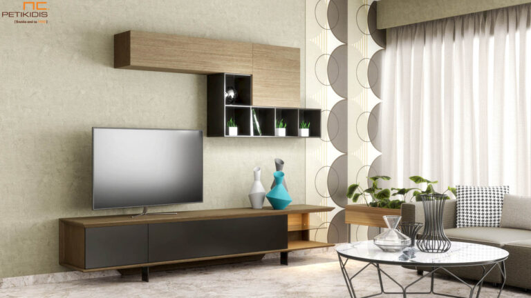 Σύνθεση Slim από ξύλο δρυς και συνδυασμό λάκας. Διαθέτει αρκετόυς αποθηκευτικούς χώρους και ράφια καθώς και προαιρετικό φωστισμό. Διατίθεται σε μεγάλη ποικιλία χρωμάτων και διαστάσεων.