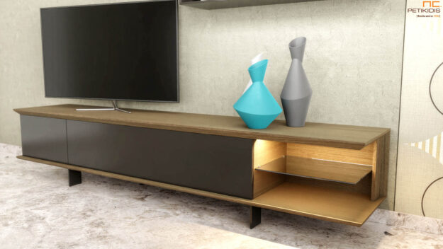 Έπιπλο tv Slim από ξύλο δρυς και συνδυασμό λάκας. Διαθέτει αρκετόυς αποθηκευτικούς χώρους και ράφια καθώς και προαιρετικό φωστισμό. Διατίθεται σε μεγάλη ποικιλία χρωμάτων και διαστάσεων.