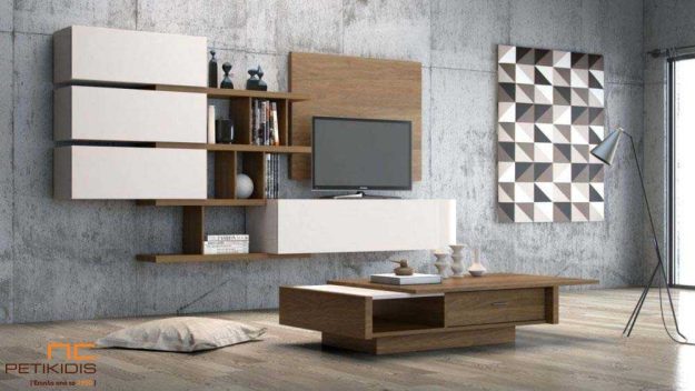 Κλασική Τραπεζαρία Σύνθεση Bocca από ξύλο καρυδιάς και λεπτομέρειες λάκα. Η βάση της τηλεόρασης είναι επιτοίχια δίνοντας μαι πιο ανάλαφρη αίσθηση.Διαθέτει ντουλάπια αποθήκευσης και ράφια.