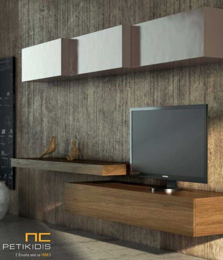 Σύνθεση Combo από ξύλο καρυδιάς και λεπτομέρειες από λάκα. Το βασικό του χαρακτηριστικό είναι από την κρεμαστή βάση της τηλεόρασης που η προέκτασή της δημιουργεί χώρο εργασίας. Λεπτομέρεια.
