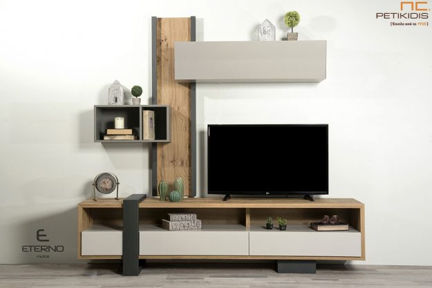 Σύνθεση Cube από ξύλο δρυς ρουστίκ και λεπτομέρειες από λάκα με εμφανές ένα μεταλλικό πόδι.