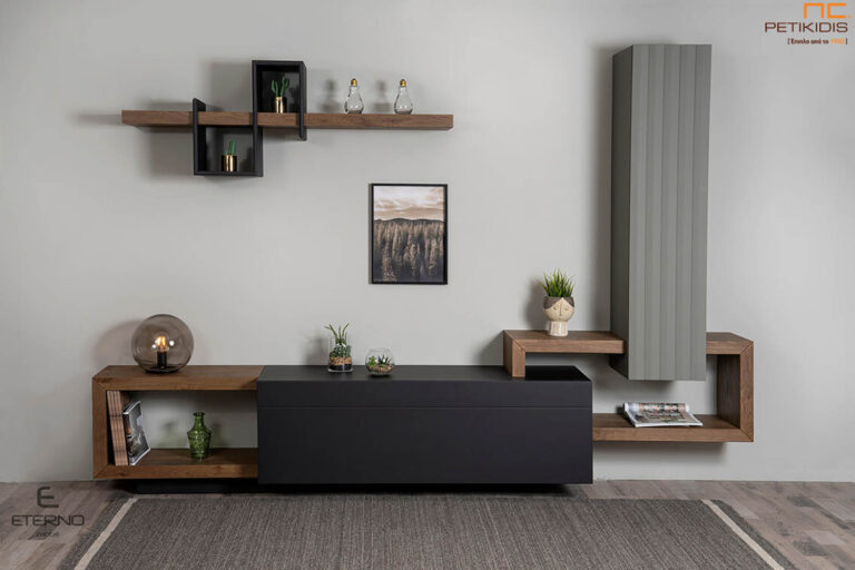 Σύνθεση Desire με συνδυασμό ξύλου ρουστίκ δρυς και λάκα. Μοντέρνος σχεδιασμός. Διαθέτει ντουλάπια και διακοσμητικό ράφι.