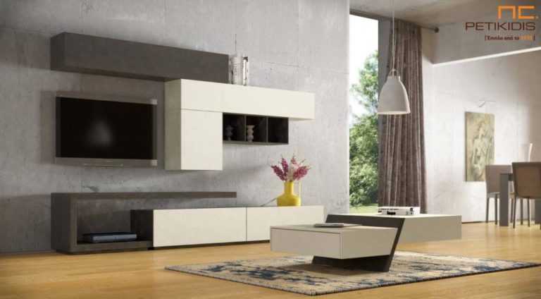 Σύνθεση Life από ξύλο δρυς και λάκα.Η τηλεόραση μπορεί να τοποθετηθεί στον τοίχο ή πάνω στη βάση του επίπλου.