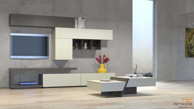 Κλασική Τραπεζαρία Σύνθεση Life από ξύλο δρυς και ντουλάπια από λάκα με αρκετούς χώρους αποθήκευσης σε minimal γραμμές.