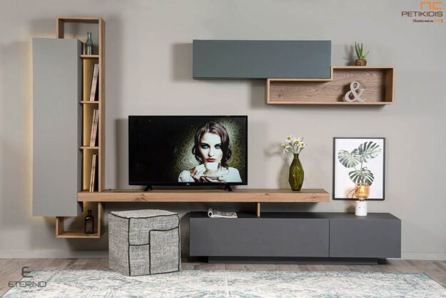 Σύνθεση Sense με συνδυασμό ξύλου δρυς ρουστίκ και λάκα ματ. Διαθέτει ντουλάπια, ράφια και προαιρετικό φωτισμό και σκαμπό. Minimal σχεδιασμός με συνδυασμό ρουστικ ύφους.