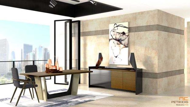 Κλασική Τραπεζαρία Τραπεζαρία Bellini με ξύλο δρυς και κεντρικό πόδι με λάκα με δυνατότητα προέκτασης. Μπουφές HUGO σε ξύλο δρυς και λάκα.