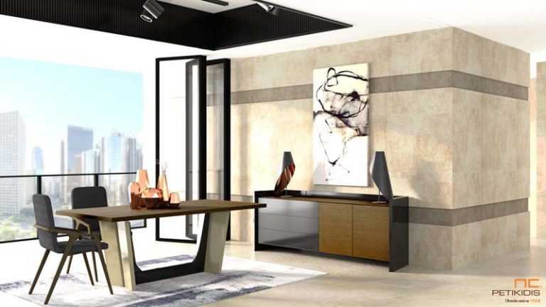 Τραπεζαρία Bellini με ξύλο δρυς και κεντρικό πόδι με λάκα με δυνατότητα προέκτασης. Μπουφές HUGO σε ξύλο δρυς και λάκα.