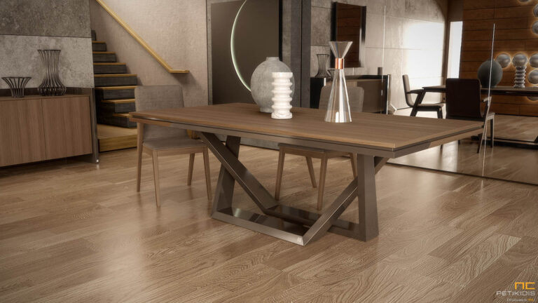 Τραπέζι Belunga με ξύλο δρυς και λεπτομέρειες από γυαλιστερή λάκα. Μοντέρνα minimal αισθητική με ιδιαίτερο στοιχείο τα πόδια του τραπεζιού. Δυνατότητα αλλαγής χρωμάτων και διαστάσεων.