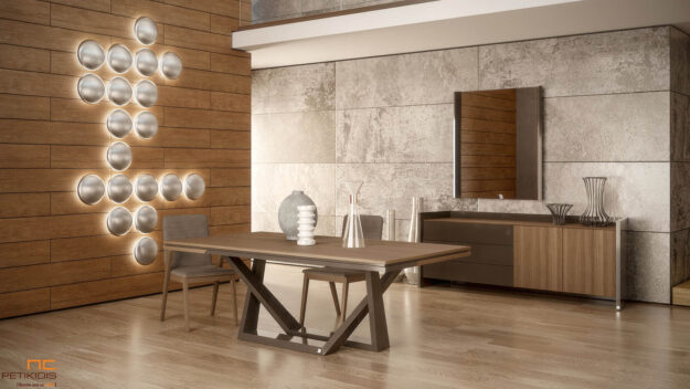 Τραπέζι Belunga με ξύλο δρυς και λεπτομέρειες από γυαλιστερή λάκα. Συνδυάζεται με τον μπουφέ Hugo σε minimal γραμμές. Διαχρονικότητα και φινέτσα σε μοντέρνο ύφος. Δυνατότητα αλλαγής χρωμάτων και διαστάσεων.