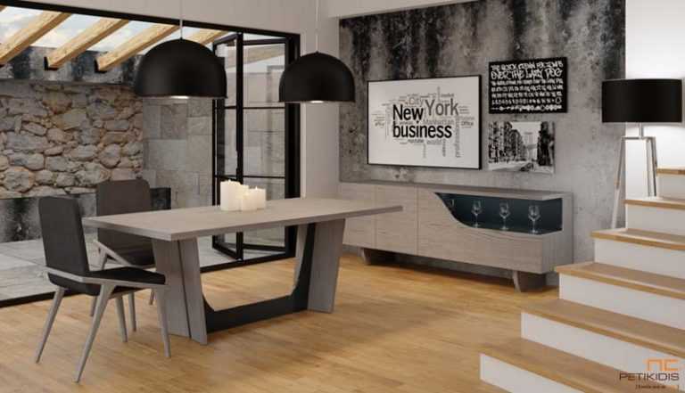 Τραπεζαρία και μπουφές Bellini από ξύλο δρυς και λάκα. Ο μπουφές διαθέτει διακοσμητική βιτρίνα με φωτισμό.