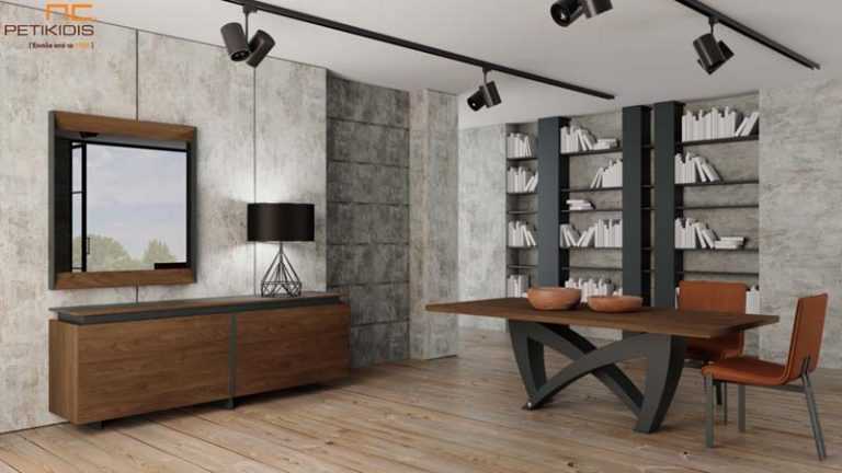 Τραπεζαρία και μπουφές Mare από ξύλο καρυδιάς και λεπτομέρειες λάκας. Το τραπέζι διαθέτει προέκταση.