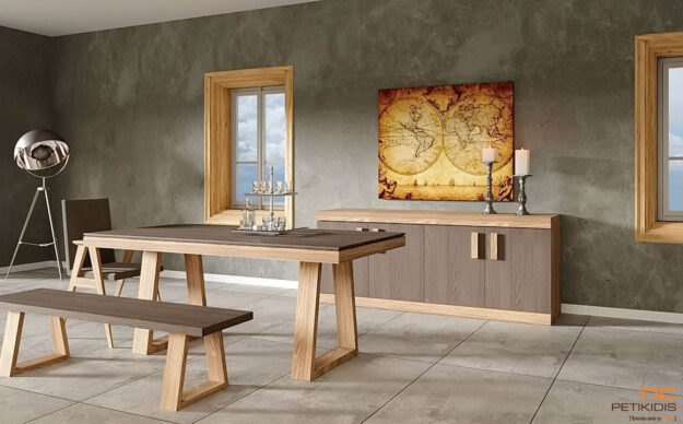 Τραπέζι Delta από ξύλο δρυς σε συνδυασμό δύο χρωμάτων. Συνοδεύεται με τον μπουφέ Fino σε ίδιους χρωματισμούς. Μοντέρνες γραμμές με ρουστίκ διάθεση. Διατίθεται σε μεγάλη ποικιλία χρωμάτων και διαστάσεων.