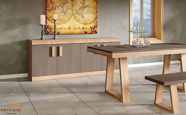 Τραπέζι Delta από ξύλο δρυς σε συνδυασμό δύο χρωμάτων. Συνοδεύεται με τον μπουφέ Fino σε ίδιους χρωματισμούς. Μοντέρνες γραμμές με ρουστίκ διάθεση. Διατίθεται σε μεγάλη ποικιλία χρωμάτων και διαστάσεων.