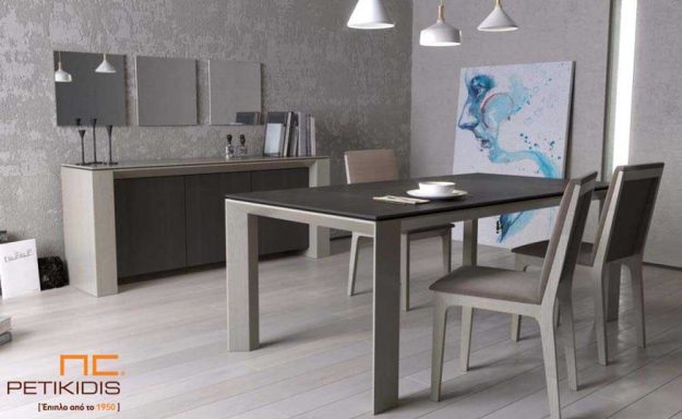 Κλασική Τραπεζαρία Τραπέζι Flat από ξύλο δρυς με δυνατότητα προέκτασης.Μπουφές Flat με δύο ντουλάπια και καρέκλες Νο85 σε μασίφ ξύλο δρυς με ύφασμα αλέκιαστο και αδιάβροχο.