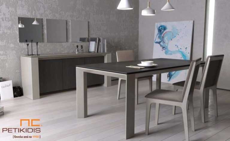 Τραπέζι Flat από ξύλο δρυς με δυνατότητα προέκτασης.Μπουφές Flat με δύο ντουλάπια και καρέκλες Νο85 σε μασίφ ξύλο δρυς με ύφασμα αλέκιαστο και αδιάβροχο.