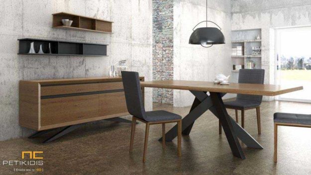 Κλασική Τραπεζαρία Τραπεζαρία Max με καπάκι από ξύλο μασίφ δρυς και πόδια λάκα.