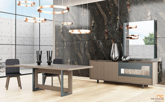 Τραπέζι Motivo από ξύλο δρυς και λεπτομέρειες λάκας. Συνδυάζεται με τον μπουφέ Motivo στις ίδιες μοντέρνες και γεωμετρικές γραμμές. Δυνατότητα αλλαγής χρωμάτων και διαστάσεων.