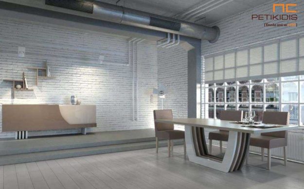 Κλασική Τραπεζαρία Σετ τραπεζαρίας Notos από ξύλο δρυς και γυαλιστερή λάκα.Το τραπέζι διαθέτει κεντρικό πόδι από τέσσερα διαφορετικά χρώματα λάκας λάκα και έχει τη δυνατότητα προέκτασης και από τις δύο πλευρές του. Ο μπουφές έχει δύο μεγάλα ντουλάπια για αποθήκευση και η μία πόρτα είναι ανοιγόμενη και η άλλη συρόμενη.